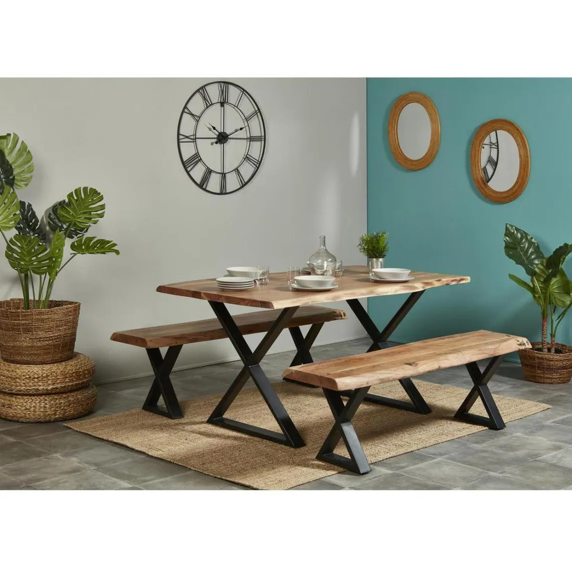 Table de repas  en acacia massif et pieds en croix en métal noir Goa L cross Marron | 3 Suisses
